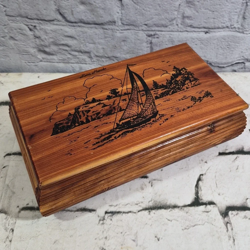 Vintage Cedar Wood Keepsake Trinket Box Sailboat Scene‎ Reno Nevada